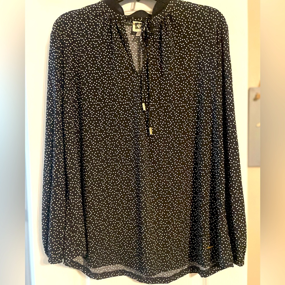 Anne Klein Black with Wht Polka Dot Long Sleeve Blouse with Sheer Collar and Tie